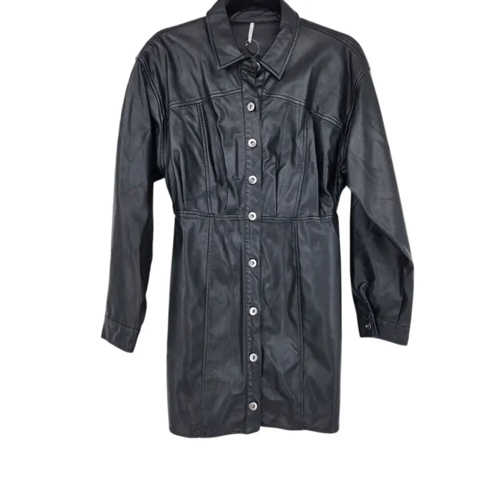 Free People X Amber Black Faux Button Front Long Sleeve Mini Dress Size 8